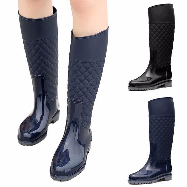 Womens Waterproof Boots Ladies Pull on Biker Rider Rain Winter Mid Calf Shoes