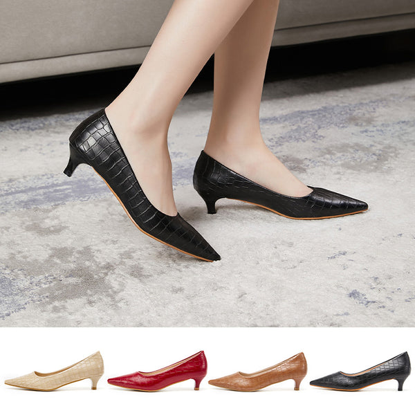 Womens Embossing Loafers Shoes Kitten Heel Shoes Pointed Toe Work Office Pumps
