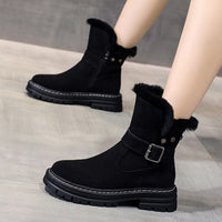 Women Round Toe Plush Ankle Boots Side Zip Lightweight Flat Casual Winter Walking Shoes