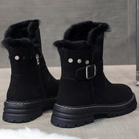 Women Round Toe Plush Ankle Boots Side Zip Lightweight Flat Casual Winter Walking Shoes