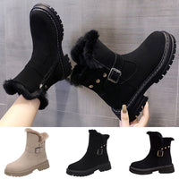 Women Round Toe Plush Ankle Boots Side Zip Lightweight Flat Casual Winter Walking Shoes