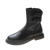 Women Low Chunky Boots Side Zipper Buckle Mid Calf Booties Fashion Walking Party Shoes