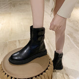 Women Low Chunky Boots Side Zipper Buckle Mid Calf Booties Fashion Walking Party Shoes