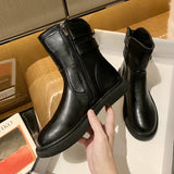 Women Low Chunky Boots Side Zipper Buckle Mid Calf Booties Fashion Walking Party Shoes