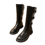 Women Low Chunky Boots Side Zipper Buckle Mid Calf Booties Fashion Walking Party Shoes
