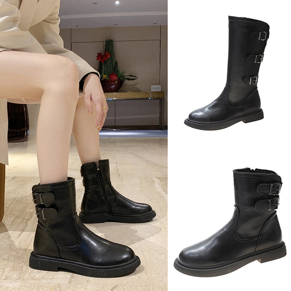 Women Low Chunky Boots Side Zipper Buckle Mid Calf Booties Fashion Walking Party Shoes