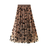 Women Mesh Embroidered A-Line Skirt Summer Casual Chic Elastic High Waist Maxi Skirt