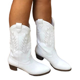 Ladies Wide Mid Calf Boots Western Chunky Booties Anti Slip Casual  Walking Shoes