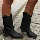 Ladies Wide Mid Calf Boots Western Chunky Booties Anti Slip Casual  Walking Shoes