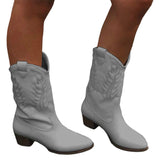 Ladies Wide Mid Calf Boots Western Chunky Booties Anti Slip Casual  Walking Shoes
