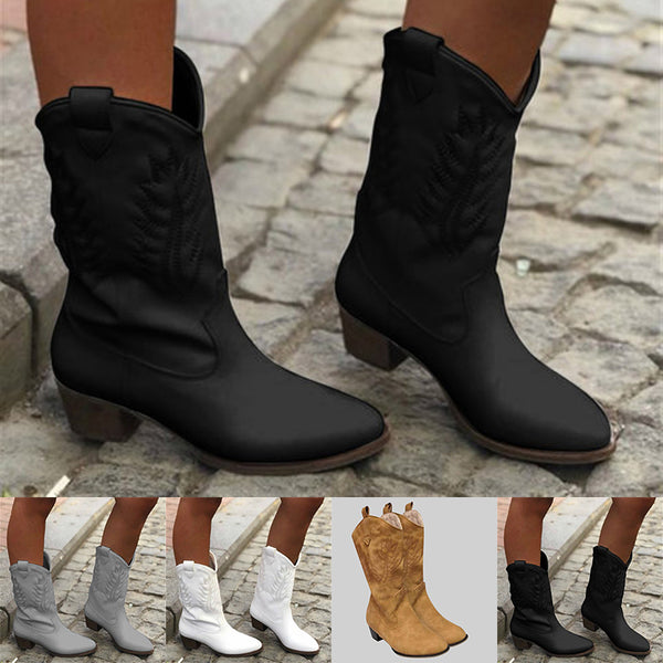 Ladies Wide Mid Calf Boots Western Chunky Booties Anti Slip Casual  Walking Shoes