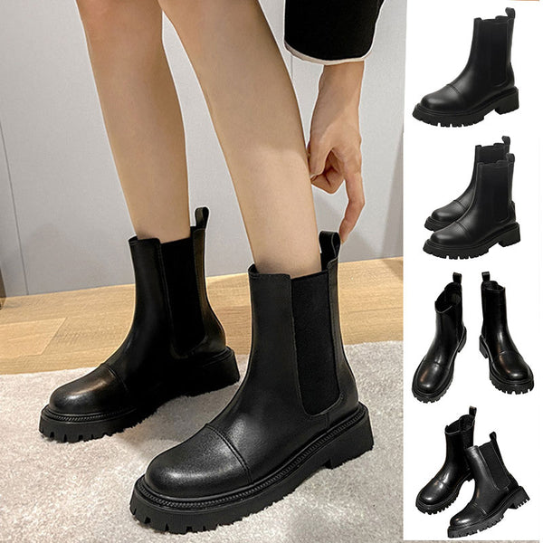 Womens Ladies Chelsea Ankle Black Boots Low Chunky Flat Low Heel Warm Shoes