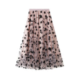 Women Mesh Embroidered A-Line Skirt Summer Casual Chic Elastic High Waist Maxi Skirt