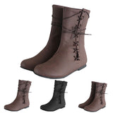Women's Mid Calf Boots Flat Shoes Winter Warm Boot Lace Up Round Toe Retro Shoes