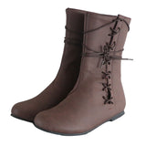 Women's Mid Calf Boots Flat Shoes Winter Warm Boot Lace Up Round Toe Retro Shoes