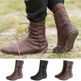 Women's Mid Calf Boots Flat Shoes Winter Warm Boot Lace Up Round Toe Retro Shoes