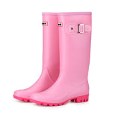 Women Rain Boots Round Toe Mid-Calf Solid Waterproof Casual Garden Buckle Boot
