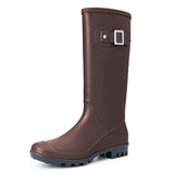 Women Rain Boots Round Toe Mid-Calf Solid Waterproof Casual Garden Buckle Boot