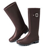 Women Rain Boots Round Toe Mid-Calf Solid Waterproof Casual Garden Buckle Boot