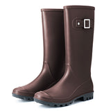 Women Rain Boots Round Toe Mid-Calf Solid Waterproof Casual Garden Buckle Boot