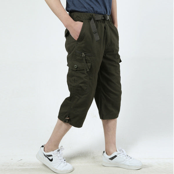 Mens Plain Solid Color Casual Cargo Pants Summer Straight Leg Capri Pants with Pockets