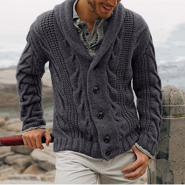Winter Cable Knit Casual Cardigan Lapel Long Sleeve Sweater with Buttons for Men