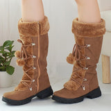 Long Black Boots for Women Mid Calf Boots Low Chunky Warm Cotton Lace Up& Zip