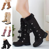 Long Black Boots for Women Mid Calf Boots Low Chunky Warm Cotton Lace Up& Zip