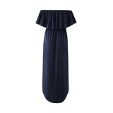 Sexy Off Shoulder Long Maxi Dress for Women Short Sleeve Summer Beach Sundress Split Ruffle Dress with Pocket