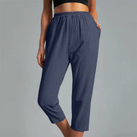 Women's Cotton Straight Capri Pants Casual Elastic Waist Trousers with 2 Pockets