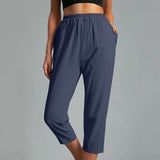 Women's Cotton Straight Capri Pants Casual Elastic Waist Trousers with 2 Pockets