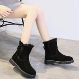 Lady Solid Color Ankle Boots Flat Shoes Warm Booties Side Zip Round Toe High Top
