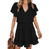 Women Solid Color Ruffle Edge Design Mini Dress Short Sleeve Casual V Neck Dress