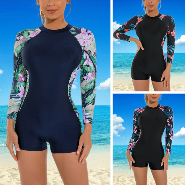Women Floral Surfing Bathing Suit One-piece Swimming Suit Tummy Control Monokinis Swimsuit Long Sleeve Wetsuit Swimwear UV Sun Protection Beachwear