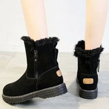 Lady Solid Color Ankle Boots Flat Shoes Warm Booties Side Zip Round Toe High Top