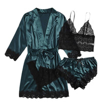 Womens Satin Pajama Set 4 Pcs Floral Lace Trim Cami Lingerie Sleepwear with Robe Nightwear