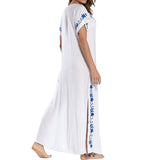 Lumento Women Embroidery Short Sleeve Bikini Cover Up Side Split Beach Kaftan Dress Swimsuit