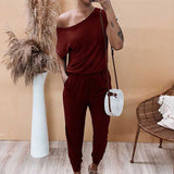 Womens Jumpsuit Crew Neck Off Shoulder Short Sleeve Elastic Waist Romper with Pockets