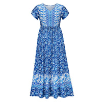Lumento Women Floral Print Dress Summer V Neck Boho Dress Short Sleeve Long Maxi Dress