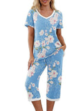 Women Floral Pajama Set Sleepwear Tops with Capri Pants Outfits Ladies Summer Comfy Sleep Nightshirt PJS Set
