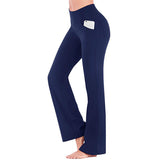 Women High Waist Stretch Yoga Pants Wide Leg Pocket Casual Flared Trousers Pants