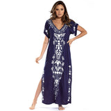 Lumento Women Embroidery Short Sleeve Bikini Cover Up Side Split Beach Kaftan Dress Swimsuit