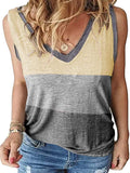 Women Color Block Tank Tops Sleeveless V Neck Summer Casual Tee Shirt Loose Tees