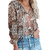 Women's Floral Print V Neck Blouse Shirts Loose Fit Long Lantern Sleeve T Shirts Pullover Tops