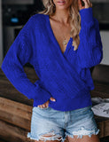 Women's Solid Color V Neck Hollow Jumpers Tops Fall Winter Long Sleeve Pullover