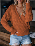 Women's Solid Color V Neck Hollow Jumpers Tops Fall Winter Long Sleeve Pullover