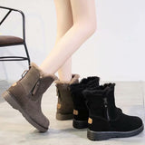Lady Solid Color Ankle Boots Flat Shoes Warm Booties Side Zip Round Toe High Top