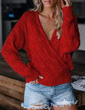 Women's Solid Color V Neck Hollow Jumpers Tops Fall Winter Long Sleeve Pullover