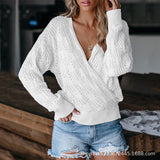 Women's Solid Color V Neck Hollow Jumpers Tops Fall Winter Long Sleeve Pullover