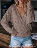 Women's Solid Color V Neck Hollow Jumpers Tops Fall Winter Long Sleeve Pullover